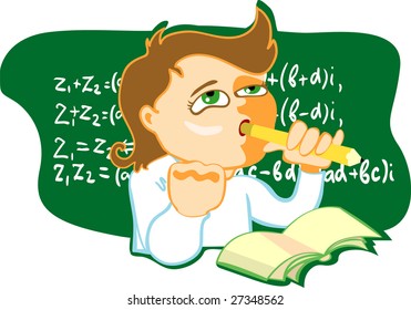 a student sitting over an open notebook and biting on a pencil