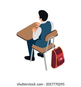 Student sitting at school desk back view isometric icon 3d vector illustration
