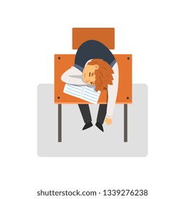Student Sitting and Sleeping at Desk in Classroom, Schoolboy Studying at School, College Vector Illustration