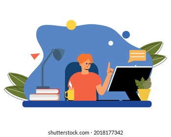 A student is sitting studying online at a computer. Online training for doing homework. Flat vector illustration for online education