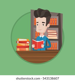 Student sitting at the table with book in hands. Student reading a book in library. Student reading a book and preparing for exam. Vector flat design illustration in the circle isolated on background.
