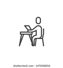 Student sitting at table with book line icon. linear style sign for mobile concept and web design. Reading at library outline vector icon. Symbol, logo illustration. Vector graphics