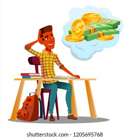 Student Sitting At Table With Books And Thinking About Money Vector. Illustration