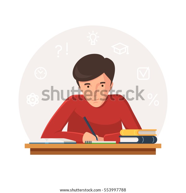 机に座って書物を書く学生。大学や学校で試験の準備をしている若者。学習のアイコン。白い背景にベクターイラスト