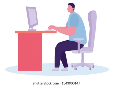 Student sitting at the table with a computer and writing an essay. Student using a computer for education. Educational technology concept. Vector cartoon flat illustration.
