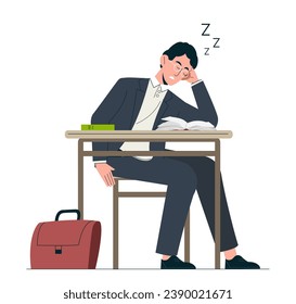 Student sitting at table concept. Guy in black jacket and white shirt with textbook. Lazy schooler at lesson. Education and learning. Cartoon flat vector collection isolated on white background