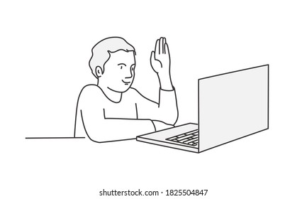 Student sitzend an einem Tisch vor einem Laptop mit erhöhter Hand. Handgezeichnete Vektorgrafik.