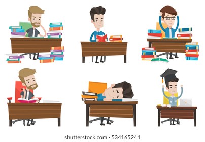 Student sitting at the table and holding a book in hands. Student reading a book. Student reading a book and preparing for exam. Set of vector flat design illustrations isolated on white background.