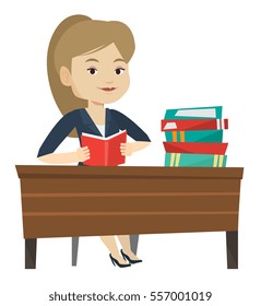 Student sitting at the table and holding a book in hands. Smiling student reading a book. Student reading a book and preparing for exam. Vector flat design illustration isolated on white background.