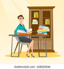 Student sitting at the table and holding a book in hands. Smiling student reading a book. Student reading a book and preparing for exam in the library. Vector flat design illustration. Square layout.