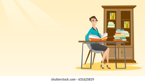 Student sitting at the table and holding book in hands. Smiling student reading a book. Student reading a book and preparing for exam in the library. Vector flat design illustration. Horizontal layout
