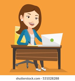 Student sitting at the table with laptop. Student using laptop for education. Woman working on laptop and writing notes. Educational technology concept. Vector flat design illustration. Square layout.