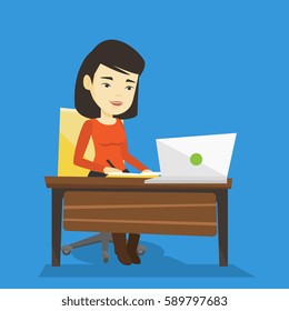 Student sitting at the table with laptop. Student using laptop for education. Woman working on laptop and writing notes. Educational technology concept. Vector flat design illustration. Square layout.