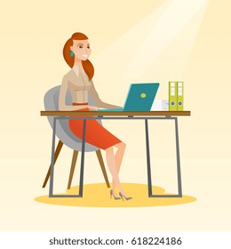 Student sitting at the table with laptop. Student using laptop for education. Woman working on laptop and writing notes. Educational technology concept. Vector flat design illustration. Square layout.