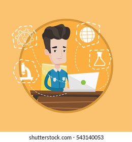 Student sitzend am Tisch mit Laptop. Schüler, die an Laptop arbeiten, verbunden mit Schulsymbolen. Konzept der Bildungstechnologie. Vektorflache Design-Illustration im Kreis einzeln auf Hintergrund