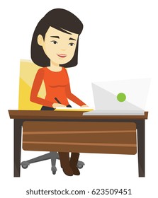 Student sitting at the table and using laptop for education. Woman working on laptop and writing notes. Educational technology concept. Vector flat design illustration isolated on white background.