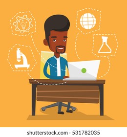 Student sitting at the table and working on laptop. Student working on laptop connected with icons of school sciences. Concept of educational technology. Vector flat design illustration. Square layout