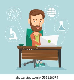 Student sitting at the table and working on laptop. Student working on laptop connected with icons of school sciences. Concept of educational technology. Vector flat design illustration. Square layout