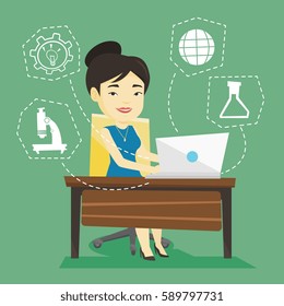 Student sitting at the table and working on laptop. Student working on laptop connected with icons of school sciences. Concept of educational technology. Vector flat design illustration. Square layout