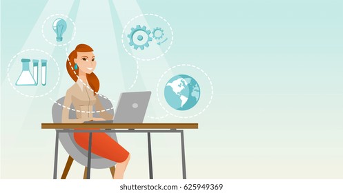 Student sitting at table and working on laptop. Student working on laptop connected with icons of school sciences. Educational technology concept. Vector flat design illustration. Horizontal layout.
