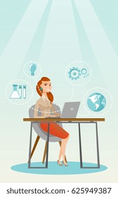 Student sitting at the table and working on laptop. Student working on laptop connected with icons of school sciences. Educational technology concept. Vector flat design illustration. Vertical layout.