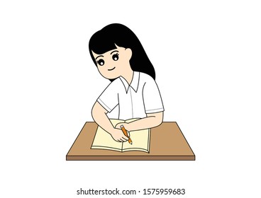 Student sitting at table and writing paper,hard working, home work, Cartoon vector illustration