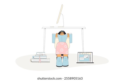 Student sitting under a desk, reading a textbook, preparing for an exam, surrounded by a stack of books and a laptop isolated on white background. Vector outline flat illustration