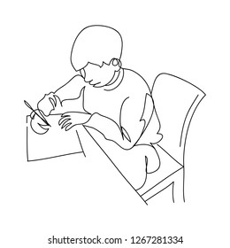 Student sitting and writing one line art vector. Modern minimal continuous line kid pupil doing homework on desk illustration