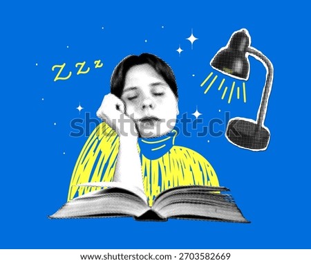 Student sleeps over a book. Concepts of knowledge and education. Fatigue and burnout during studies. Woman exhausted by work. Bored student. Newspaper halftone collage