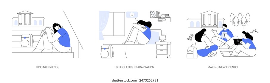 Student social adaptation isolated cartoon vector illustrations set. Young sad person sitting at campus alone, missing parents, difficulty of socialization, making new friends vector cartoon.