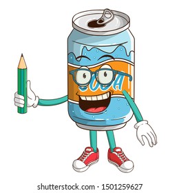 Student of soda can cartoon character holding a pencil with funny smile face