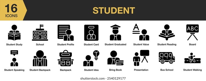 Student solid icon set. Includes walking, value, study, speaking, read, profile, and More. Solid icons vector collection.