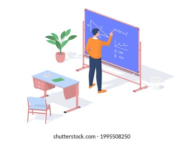 Student solves math objective near blackboard. Modern training with possibility online consultations. School desk with books and notebooks. Creative approach self study. Vector realistic isometry