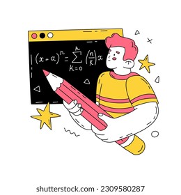 Un estudiante resuelve un problema de matemáticas en la pizarra del aula. Fórmulas, geometría, trigonometría. Educación escolar. Un niño con un lápiz grande en las manos. Ilustración vectorial aislada. 