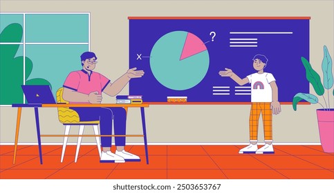 Student solving math problem with teacher at blackboard cartoon flat illustration. Tutor helping boy to learn lesson 2D characters colorful background. School class scene vector storytelling image