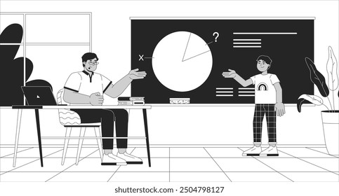 Student solving math problem with teacher at blackboard black and white line illustration. Tutor helping boy to learn lesson 2D characters monochrome background. School class outline vector image