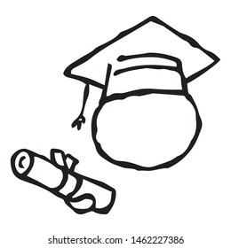 Student in a square academic hat. A student with a diploma. Graduation. Diploma rolled into a roll. Human avatar vector illustration. Simple hand drawing icon.