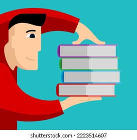 Student with stack of books ready to learning - illustration for library, studying, self-study motivation