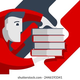 Student with stack of books ready to learning - abstract illustration for library, studying, self-study motivation