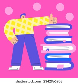 Student with stack of books. Students life in university, college. Vector cute doodle concept illustration showing students activities, reading, learning, graduating, doing study process. 