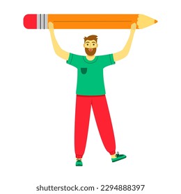 Schüler, die mit großem Bleistift stehen. Charaktere hält einen riesigen Bleistift über seinem Kopf. Konzept der Bildung, Copywriting, Lehre, Kreativität, Content Manager, Blogging, Zeichnen. Cute lustige junge Mann Teenager