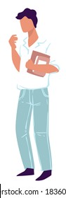 Student standing with books and papers, isolated male character studying in college or university. Male preparing for lessons, thinking on classes or homework. Teenager boy vector in flat style