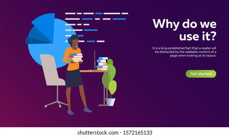 Student standing at desk and holding textbooks stack. Literature, knowledge and education flat vector illustration. University graduation concept for banner, website design or landing web page