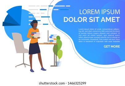 Student standing at desk and holds textbooks stack. University graduation and information concept. Presentation slide template. Vector illustration for topics like literature knowledge and education