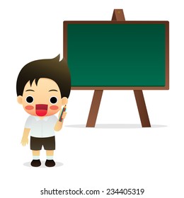 student standing in front of a blackboard