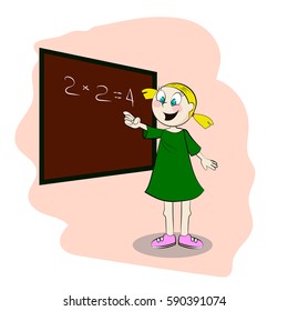 Student standing in front of a blackboard