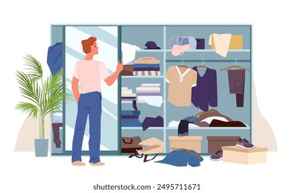 Student standing in front of cupboard full of clothes to organize storage cartoon. Messy wardrobe with clutter and young man, mess and disorganized clothes chaos in open closet