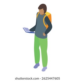 Student is standing and holding a textbook while wearing a backpack