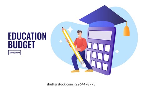 Student standing near calculator. Student loan concept with credit calculator. man calculate debt for education in college or university. Vector illustration.