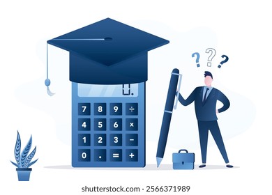 Student standing near mortarboard hat and calculator. Student loan calculation, education budget allocation, university expense and debt pay off, scholarship payment. Expensive cost for education.